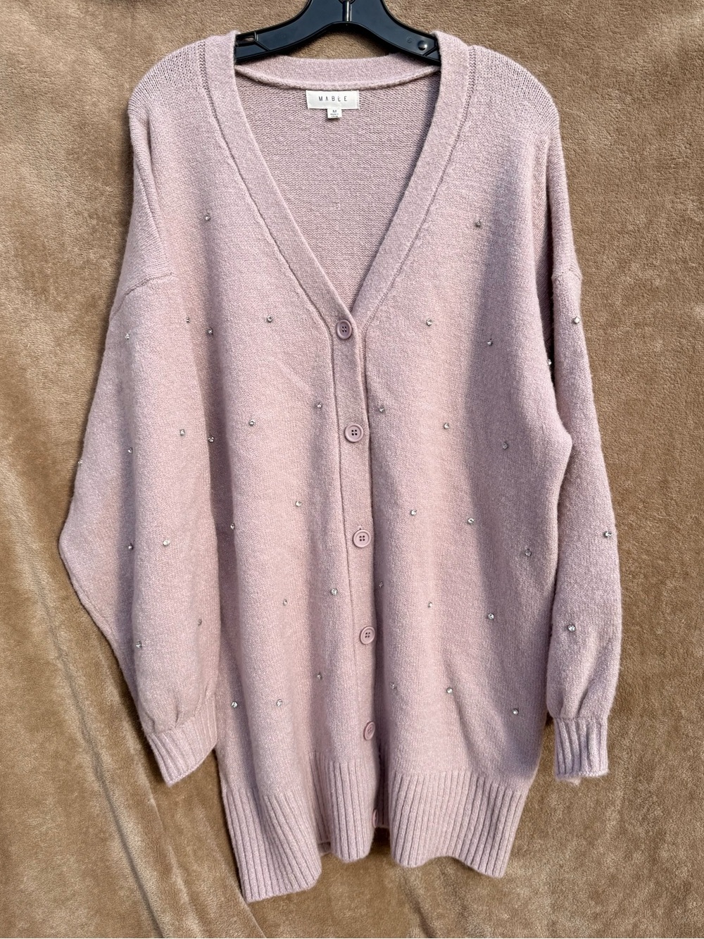 Mable Light Pink V-Neck Rhinestone Embellished Button Long Cardigan